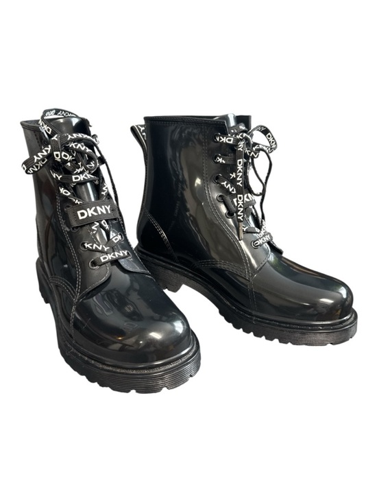 Dkny Shoes - DKNY Tibby Black Vegan Patent Leather Logo Laced Combat Boho Moto Boots Sz 8